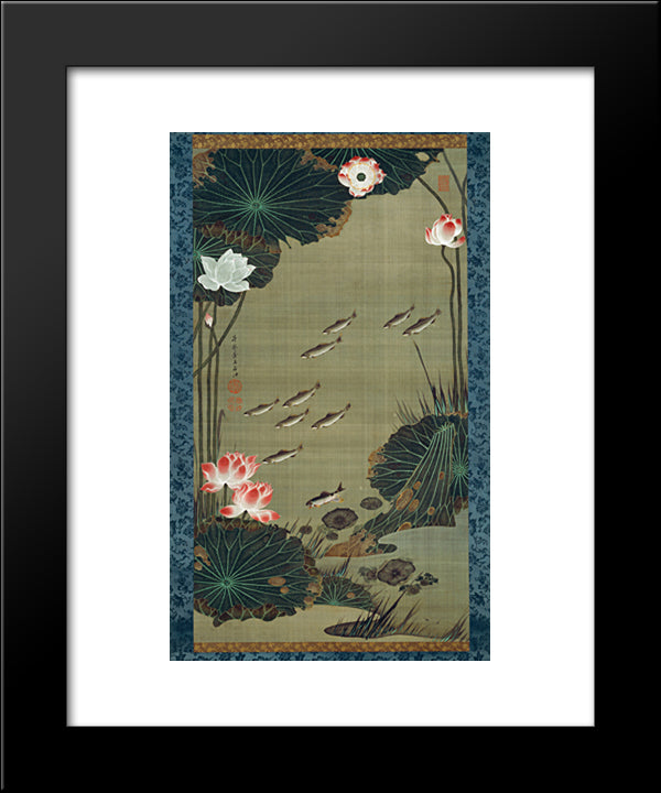 Lotus Pond And Fish 20x24 Black Modern Wood Framed Art Print Poster by Jakuchu, Ito