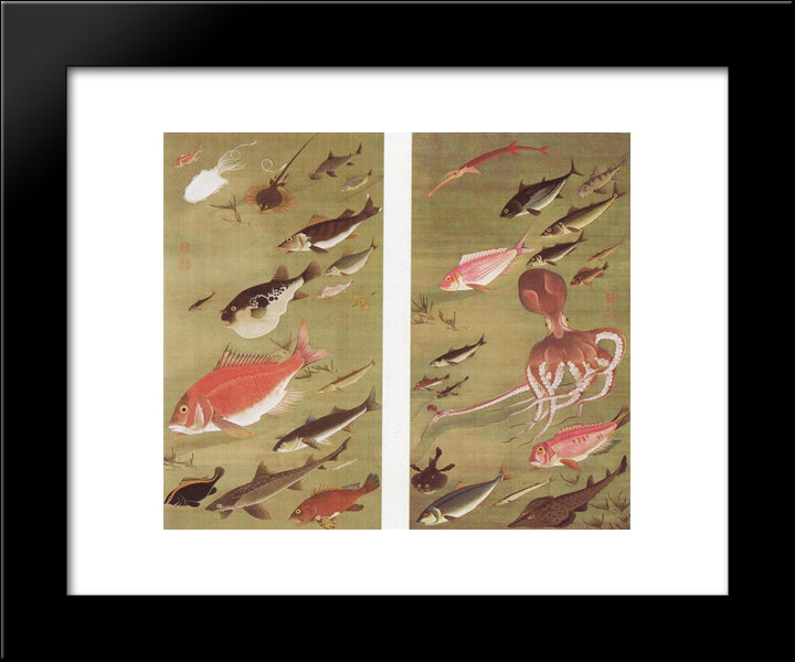 Octopus And Fish 20x24 Black Modern Wood Framed Art Print Poster by Jakuchu, Ito
