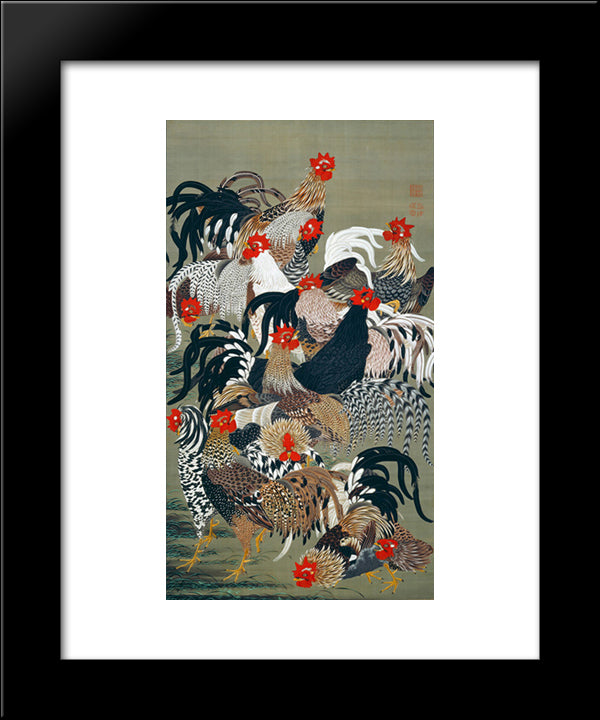 Roosters 20x24 Black Modern Wood Framed Art Print Poster by Jakuchu, Ito