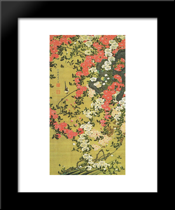 Roses (Bara Shou Kin Zu) 20x24 Black Modern Wood Framed Art Print Poster by Jakuchu, Ito