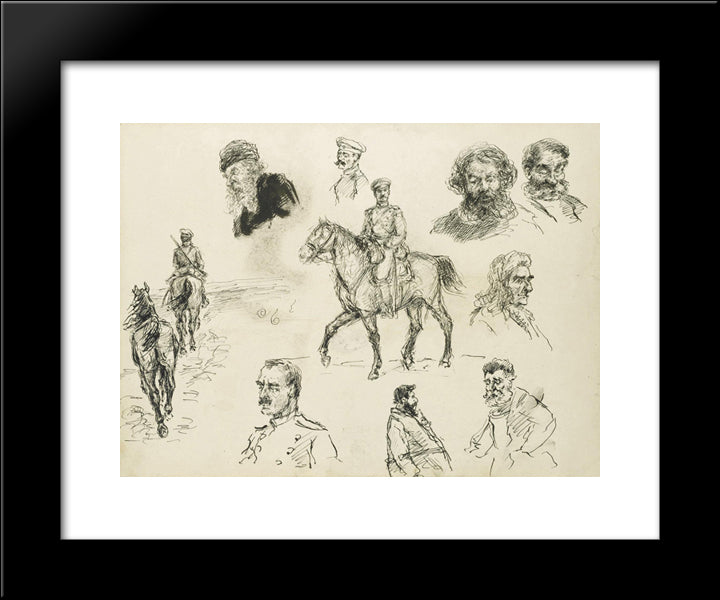 A Russian Cavalry Officer (Recto) And Other Sketches Of Various Characters (Verso) 20x24 Black Modern Wood Framed Art Print Poster by Vladimirov, Ivan