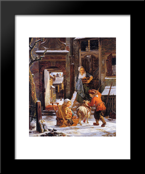 Winter City View With Children 20x24 Black Modern Wood Framed Art Print Poster by van Strij, Jacob
