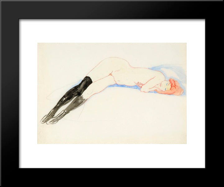 Reclining Nude With Black Stockings (Greet) 20x24 Black Modern Wood Framed Art Print Poster by Sluyters, Jan