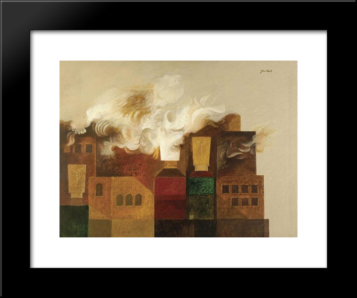 Houses In Flames 20x24 Black Modern Wood Framed Art Print Poster by Jean David