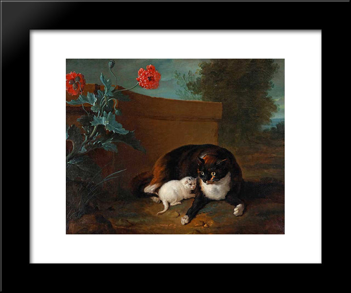 Chatte Et Chaton, Et Chien Et Perroquet 20x24 Black Modern Wood Framed Art Print Poster by Oudry, Jean Baptiste