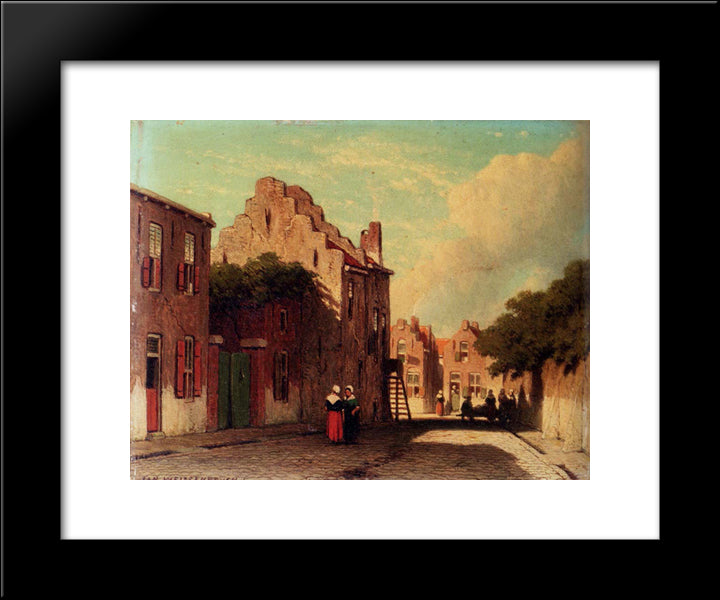A Sunlit Townview With Figures Conversing 20x24 Black Modern Wood Framed Art Print Poster by Weissenbruch, Johan Hendrik