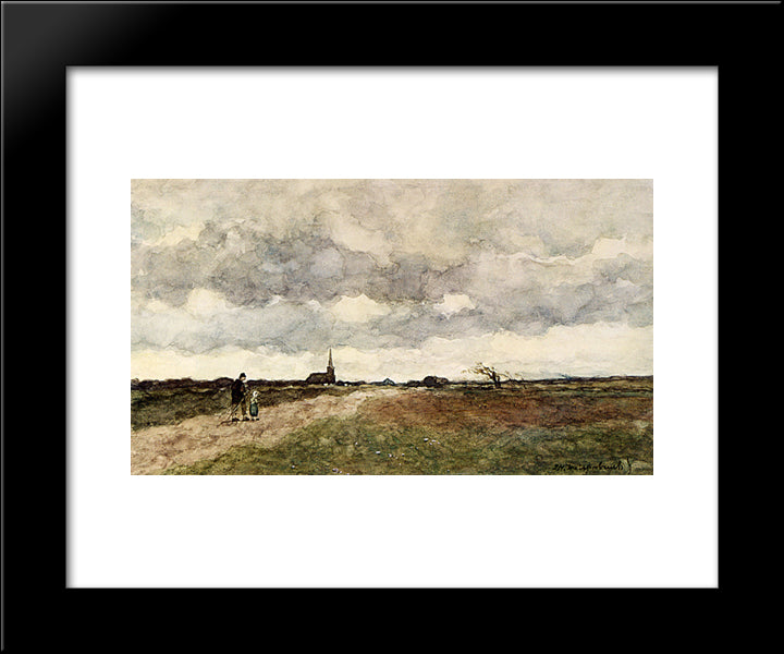 Figures On A Country Road, A Church In The Distance 20x24 Black Modern Wood Framed Art Print Poster by Weissenbruch, Johan Hendrik