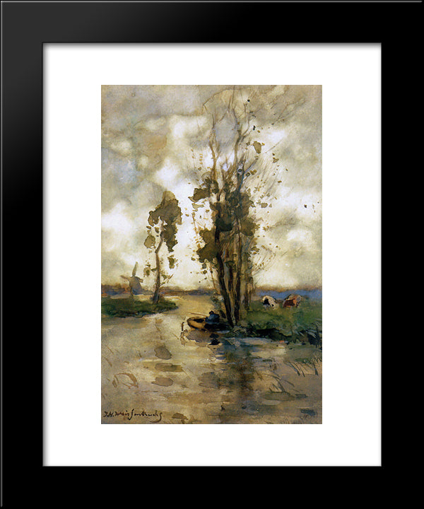 Fisherman In Polder Landscape 20x24 Black Modern Wood Framed Art Print Poster by Weissenbruch, Johan Hendrik