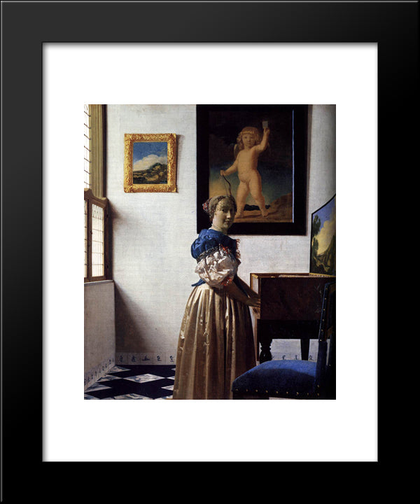 A Lady Standing At A Virginal 20x24 Black Modern Wood Framed Art Print Poster by Vermeer, Johannes