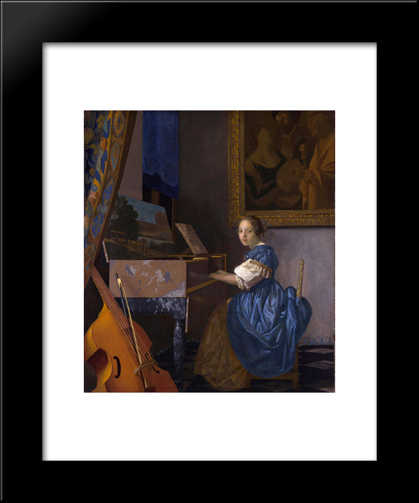 A Young Woman Seated At A Virginal (A Lady Seated At A Virginal) 20x24 Black Modern Wood Framed Art Print Poster by Vermeer, Johannes