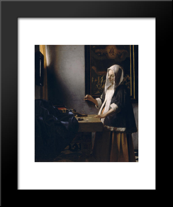 Woman Holding A Balance 20x24 Black Modern Wood Framed Art Print Poster by Vermeer, Johannes