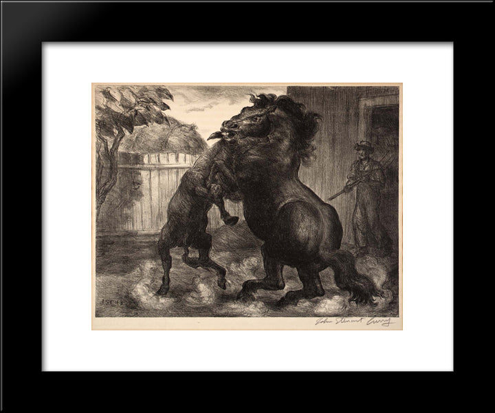 Stallion And Jack Fighting 20x24 Black Modern Wood Framed Art Print Poster by Steuart Curry, John