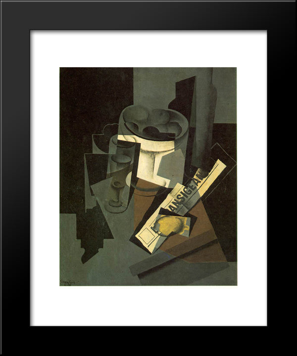 Fruit Dish, Glass And Lemon (Still Life With Nerwspape) 20x24 Black Modern Wood Framed Art Print Poster by Gris, Juan