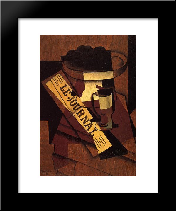 Fruit Dish, Glass And Newspaper 20x24 Black Modern Wood Framed Art Print Poster by Gris, Juan