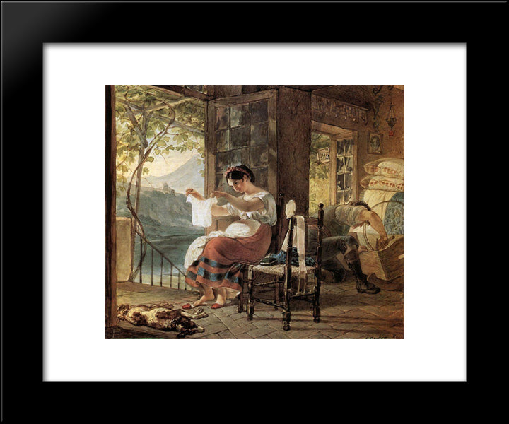 Italian, Expecting A Child, Looking At His Shirt, Her Husband Cobble Together A Cradle 20x24 Black Modern Wood Framed Art Print Poster by Bryullov, Karl