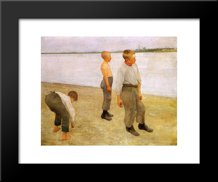 Boys Throwing Pebbles Into The River 20x24 Black Modern Wood Framed Art Print Poster by Ferenczy, Karoly