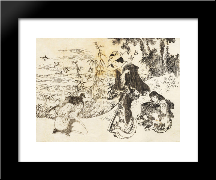 A Bride Is On Her Way With Her Maid 20x24 Black Modern Wood Framed Art Print Poster by Hokusai, Katsushika