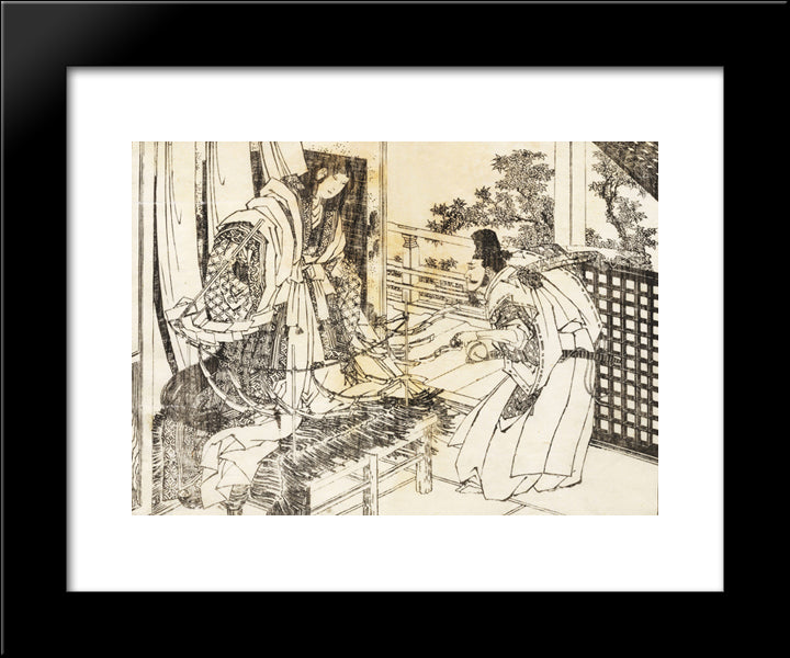 A Woman In Shinto Shrine Has A Stick With A Lot Of Paper Leaves 20x24 Black Modern Wood Framed Art Print Poster by Hokusai, Katsushika