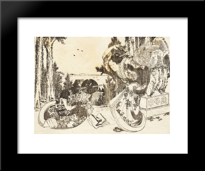 An Older Woman Hits Another Woman With Her Shoe 20x24 Black Modern Wood Framed Art Print Poster by Hokusai, Katsushika