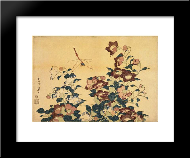 Bluebells And Dragonflies 20x24 Black Modern Wood Framed Art Print Poster by Hokusai, Katsushika