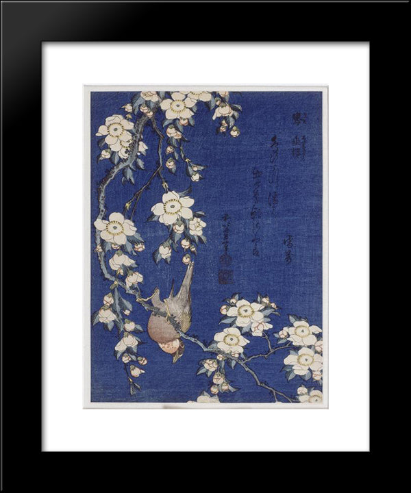 Bullfinch And Weeping Cherry Blossoms 20x24 Black Modern Wood Framed Art Print Poster by Hokusai, Katsushika