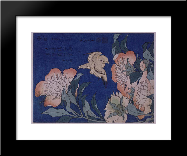 Canary And Peony 20x24 Black Modern Wood Framed Art Print Poster by Hokusai, Katsushika