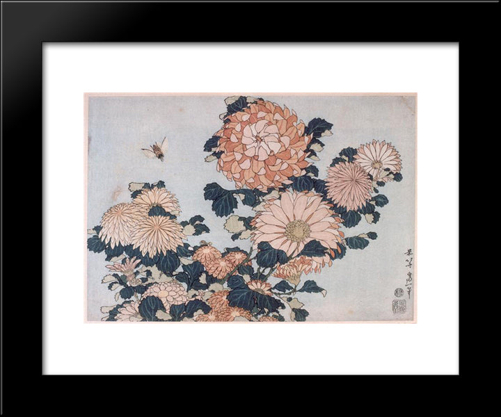 Chrysanthemums And Horsefly 20x24 Black Modern Wood Framed Art Print Poster by Hokusai, Katsushika