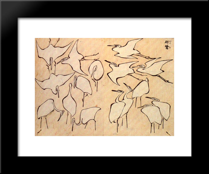 Cranes From Quick Lessons In Simplified Drawing 20x24 Black Modern Wood Framed Art Print Poster by Hokusai, Katsushika