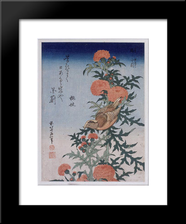 Crossbill And Thistle 20x24 Black Modern Wood Framed Art Print Poster by Hokusai, Katsushika