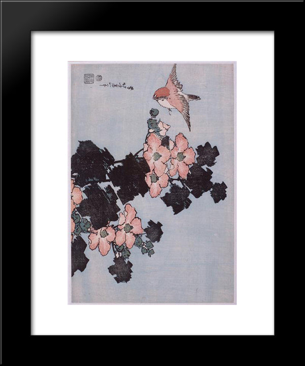 Hibiscus And Sparrow 20x24 Black Modern Wood Framed Art Print Poster by Hokusai, Katsushika