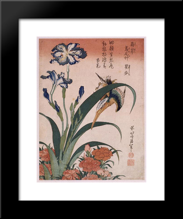 Kingfisher, Carnation, Iris 20x24 Black Modern Wood Framed Art Print Poster by Hokusai, Katsushika