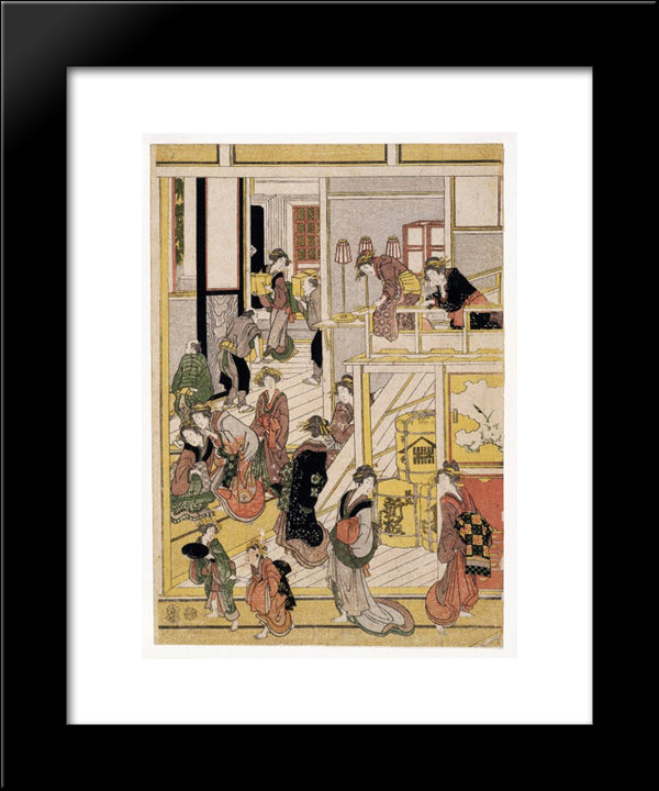 New Year'S Days Of The Teahouse Ogi-Ya 20x24 Black Modern Wood Framed Art Print Poster by Hokusai, Katsushika