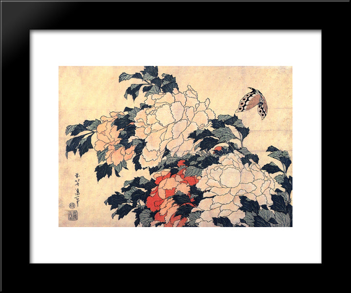 Poenies And Butterfly 20x24 Black Modern Wood Framed Art Print Poster by Hokusai, Katsushika