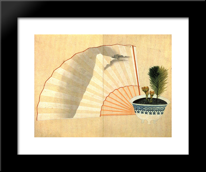 Porcelain Pot With Open Fan 20x24 Black Modern Wood Framed Art Print Poster by Hokusai, Katsushika