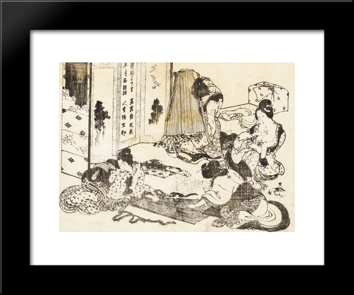 Scene Of Housekeeping. Four Women Are Working 20x24 Black Modern Wood Framed Art Print Poster by Hokusai, Katsushika