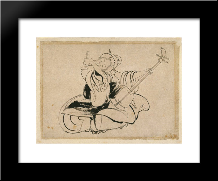 Seated Woman With Shamisen 20x24 Black Modern Wood Framed Art Print Poster by Hokusai, Katsushika