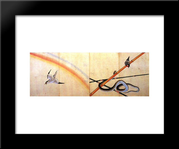 Snake Curling Around A Bamboo Stalk With A Sparrow On It 20x24 Black Modern Wood Framed Art Print Poster by Hokusai, Katsushika