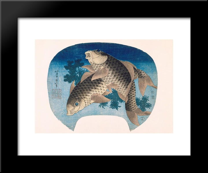 Two Carps 20x24 Black Modern Wood Framed Art Print Poster by Hokusai, Katsushika