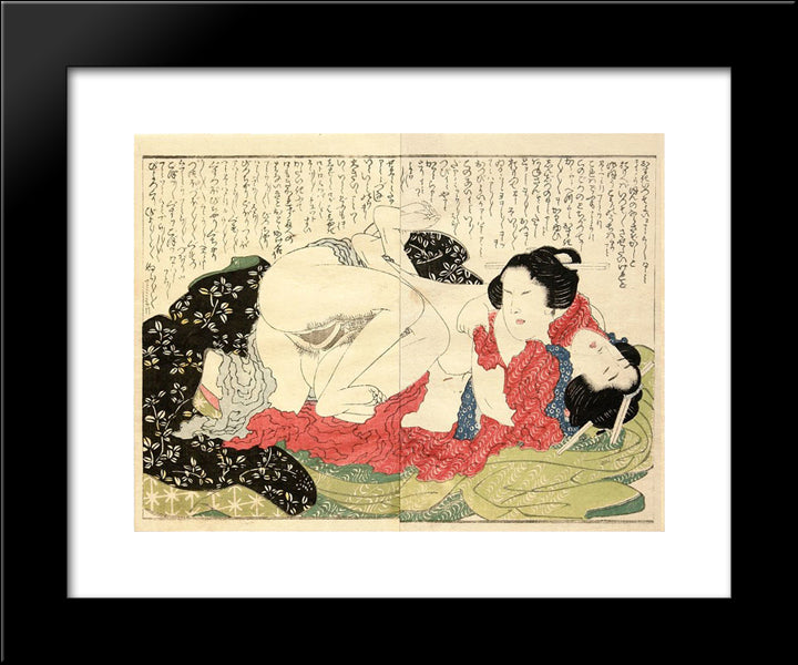 Two Women Having Sex With One Of Them Wearing A Harikata (Artificial Phallus) 20x24 Black Modern Wood Framed Art Print Poster by Hokusai, Katsushika