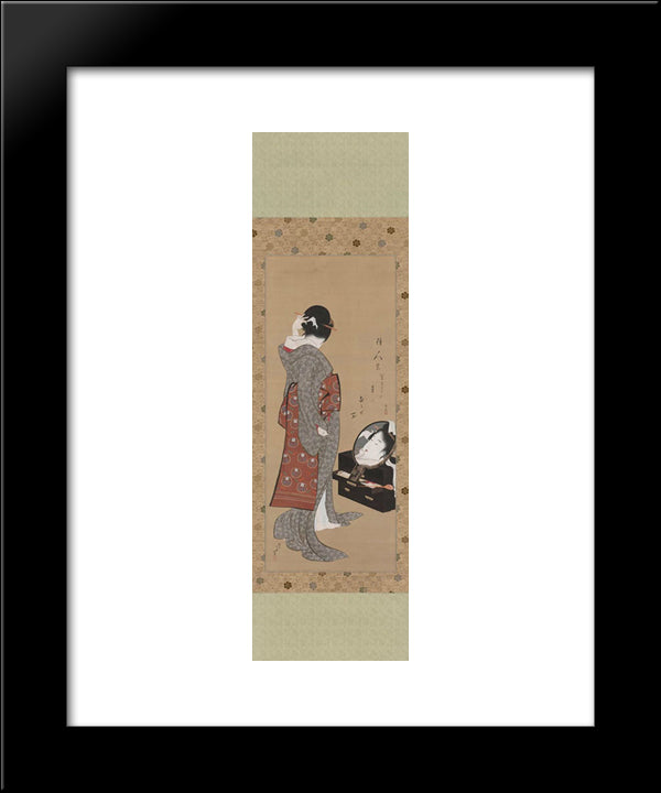 Woman Looking At Herself In A Mirror 20x24 Black Modern Wood Framed Art Print Poster by Hokusai, Katsushika