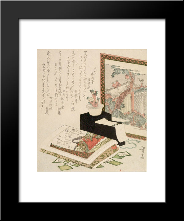 Cards, Fukujuso Flowers And Screen 20x24 Black Modern Wood Framed Art Print Poster by Eisen, Keisai