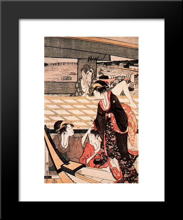 A Scene On The Bridge 20x24 Black Modern Wood Framed Art Print Poster by Utamaro, Kitagawa