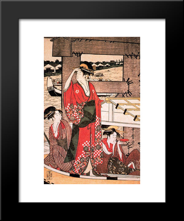 Fresh Breeze Under The Bridge Ryogoku 20x24 Black Modern Wood Framed Art Print Poster by Utamaro, Kitagawa