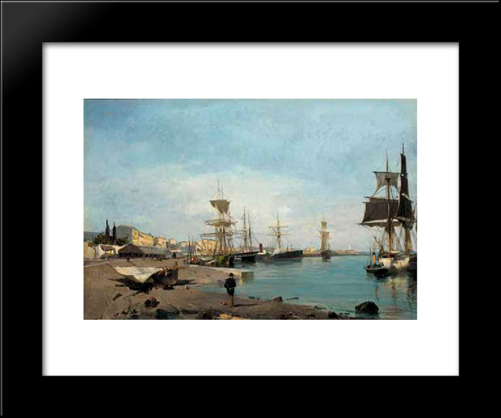 Admiring The Ships 20x24 Black Modern Wood Framed Art Print Poster by Volanakis, Konstantinos