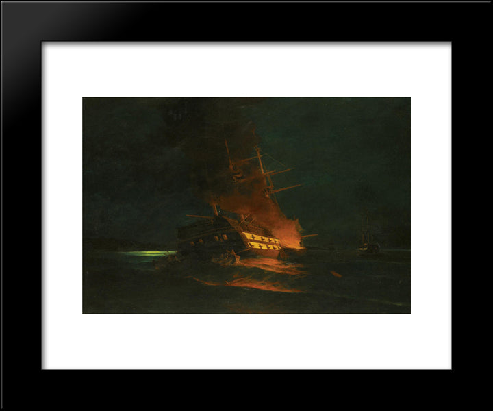 The Burning Of A Turkish Frigate 20x24 Black Modern Wood Framed Art Print Poster by Volanakis, Konstantinos