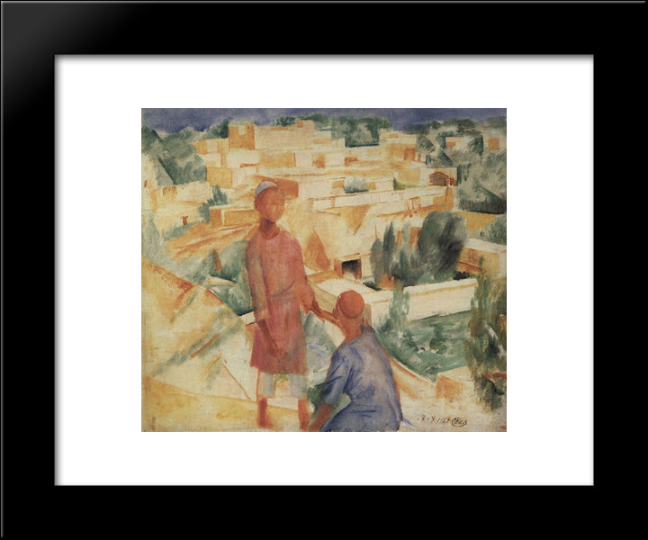 Boys On The Background Of The City 20x24 Black Modern Wood Framed Art Print Poster by Petrov Vodkin, Kuzma