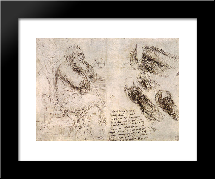 A Seated Man, And Studies And Notes On The Movement Of Water 20x24 Black Modern Wood Framed Art Print Poster by da Vinci, Leonardo