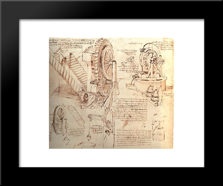 Drawings Of Water Lifting Devices 20x24 Black Modern Wood Framed Art Print Poster by da Vinci, Leonardo