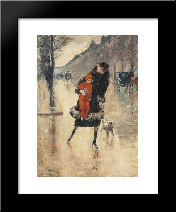 Mutter Mit Kind Auf Einer Strassenkreuzung 20x24 Black Modern Wood Framed Art Print Poster by Ury, Lesser