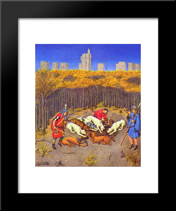 Fascimile Of December Hunting Wild Boar 20x24 Black Modern Wood Framed Art Print Poster by Limbourg Brothers